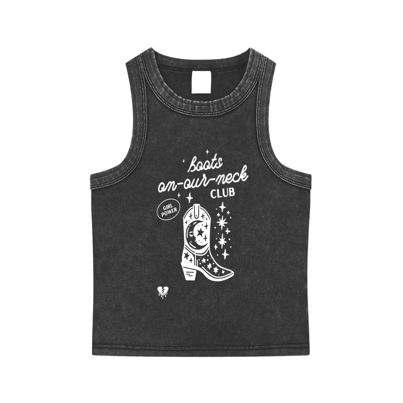 'π’ ON OUR NECK CLUB' ACID WASH CROP TANK (fem sizing)