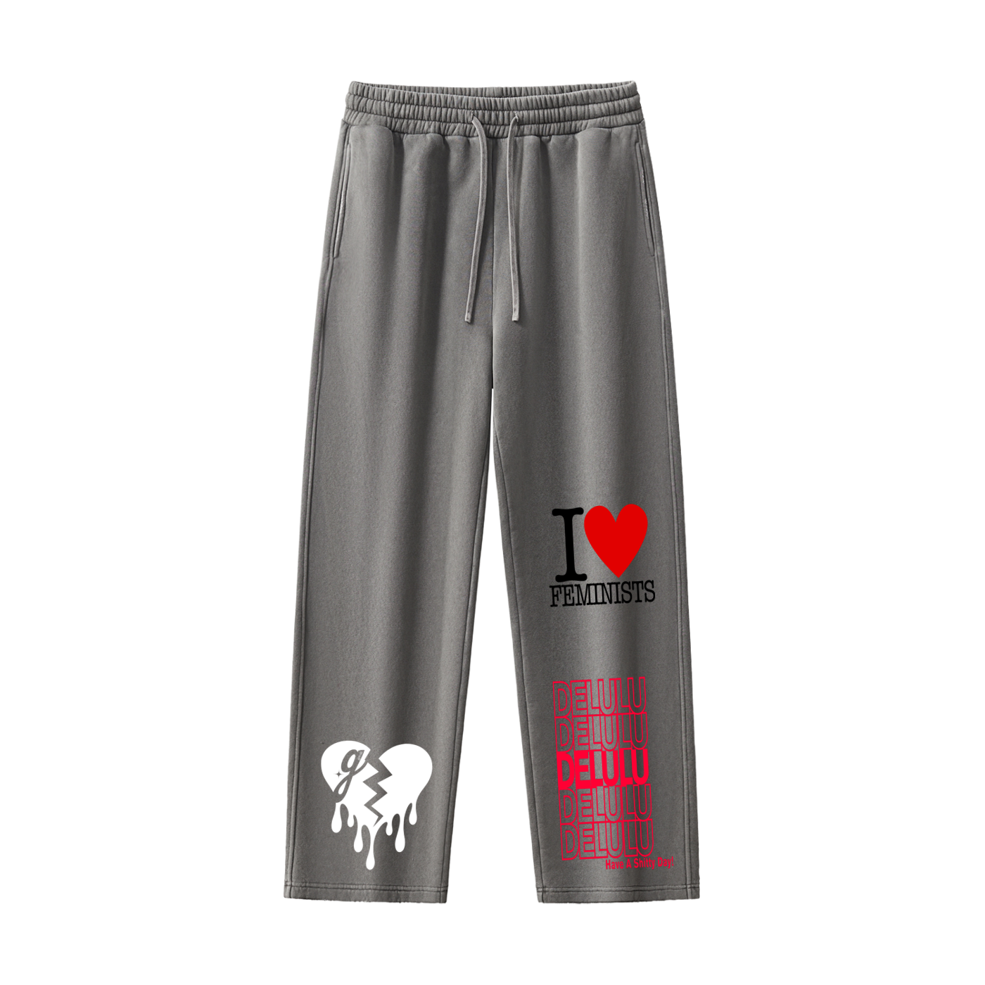 'DELULU // I♥️FEMINISTS' FRAYED SWEATPANTS (masc sizing)