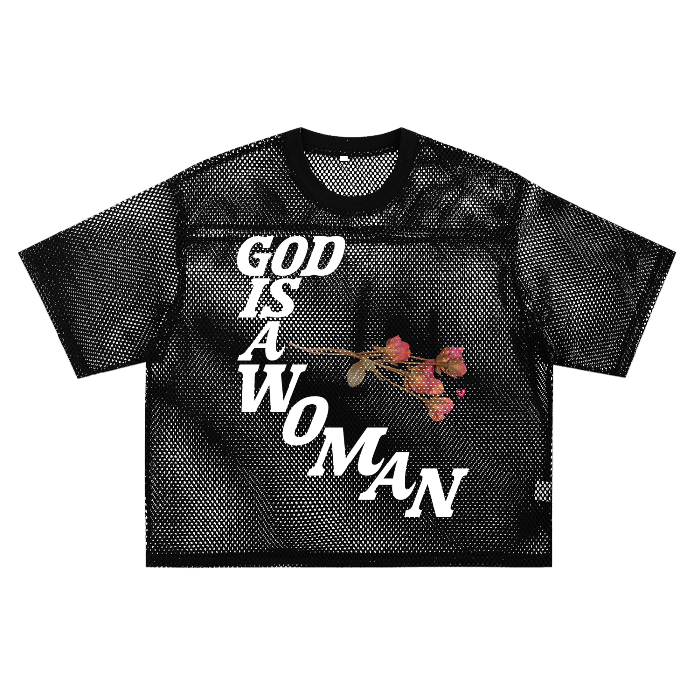 'GOD IS A WOMAN' SEE THRU BOXY NET TEE (masc sizing)