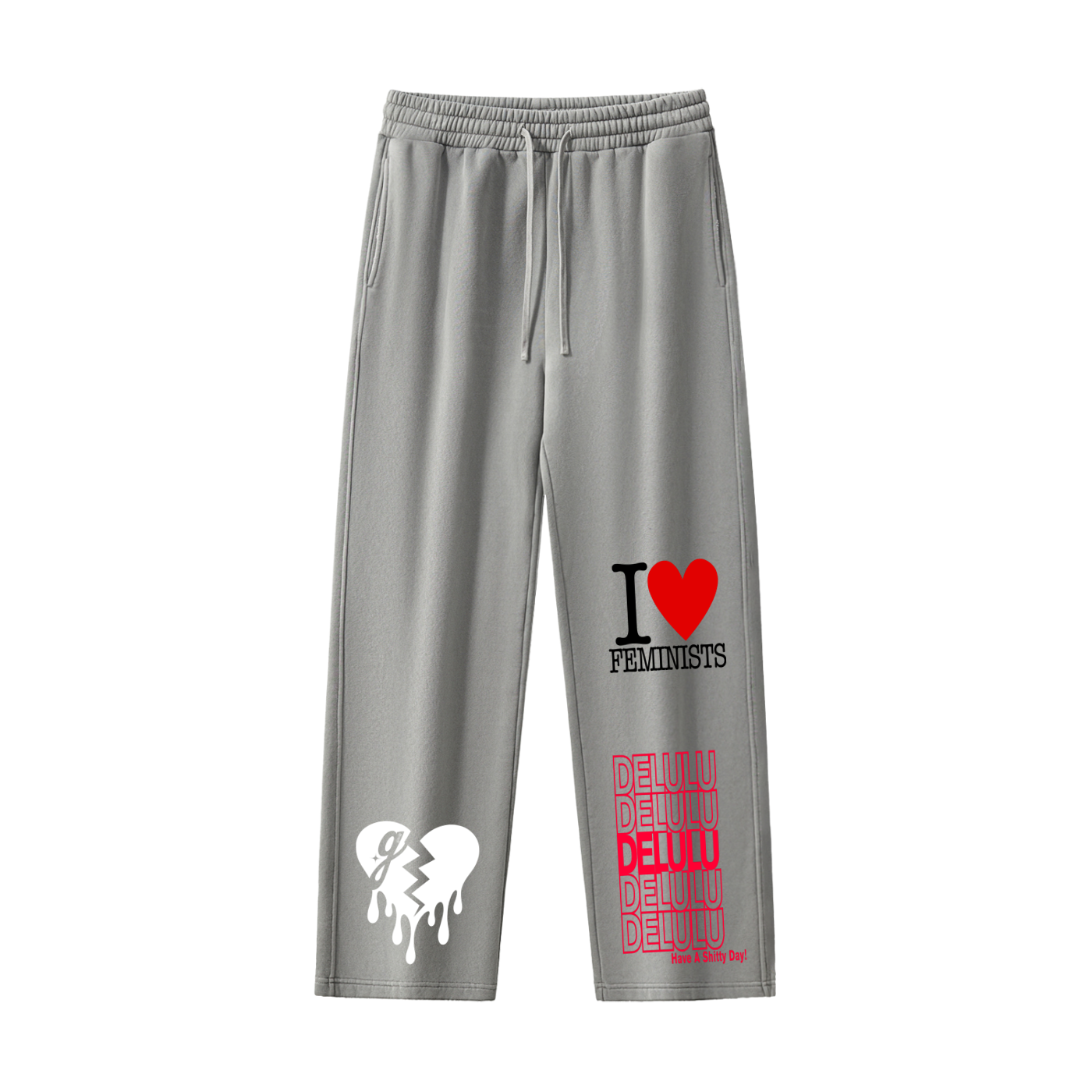'DELULU // I♥️FEMINISTS' FRAYED SWEATPANTS (masc sizing)