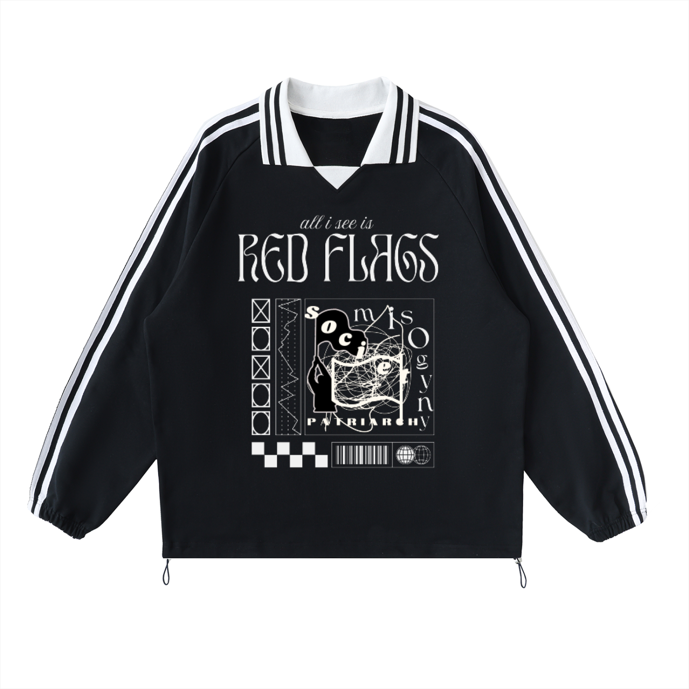 'ALL I SEE IS 🚩' STRIPED LAPEL COLLAR SWEATSHIRT (masc sizing)