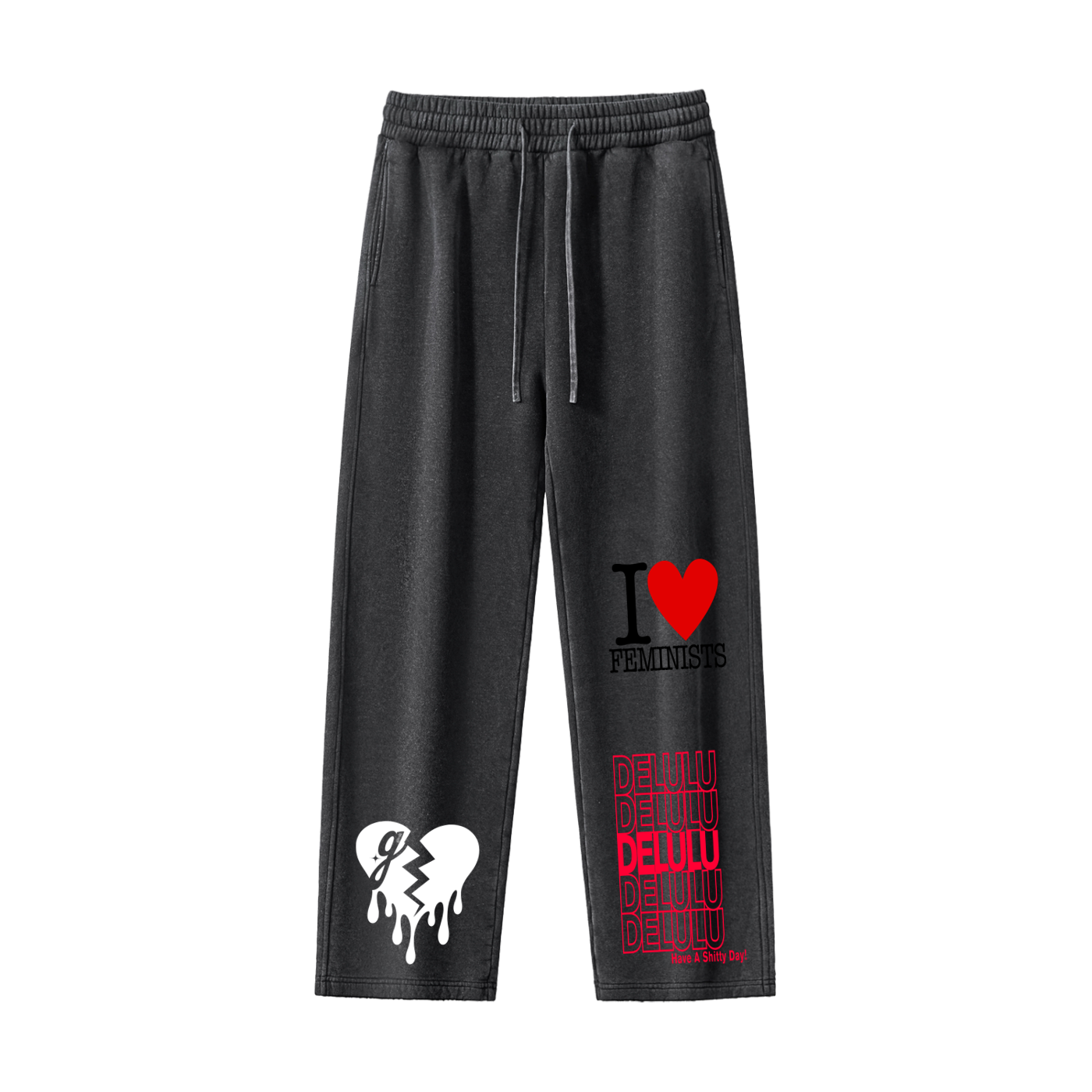 'DELULU // I♥️FEMINISTS' FRAYED SWEATPANTS (masc sizing)