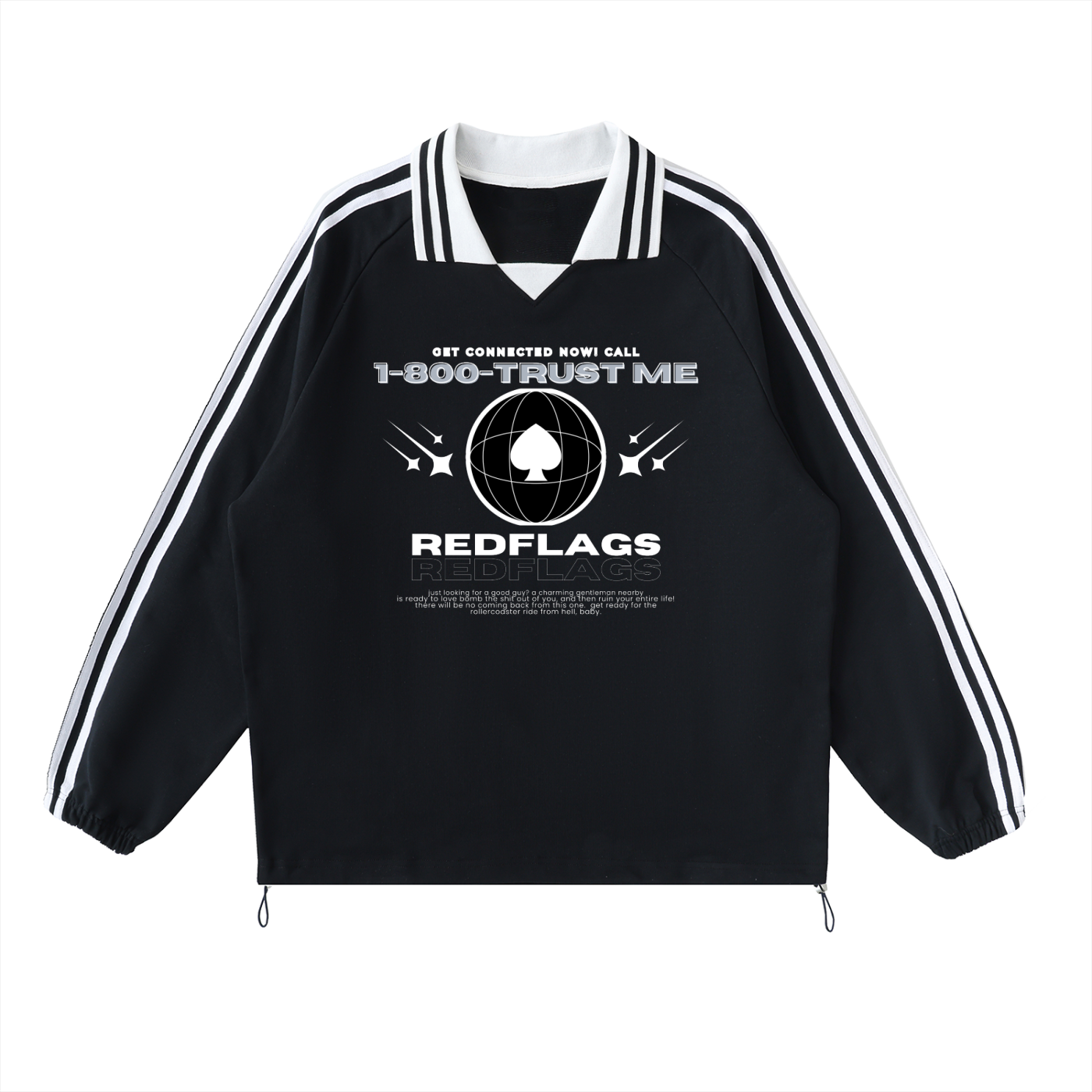 '800-TRUST ME ♠️' STRIPED LAPEL COLLAR SWEATSHIRT (masc sizing)