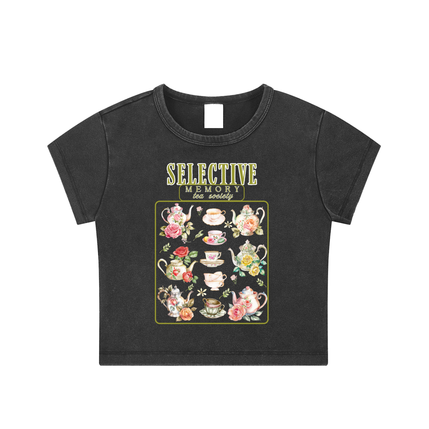 'SELECTIVE MEMORY TEA SOCIETY' BABY CROP TEE (fem sizing)