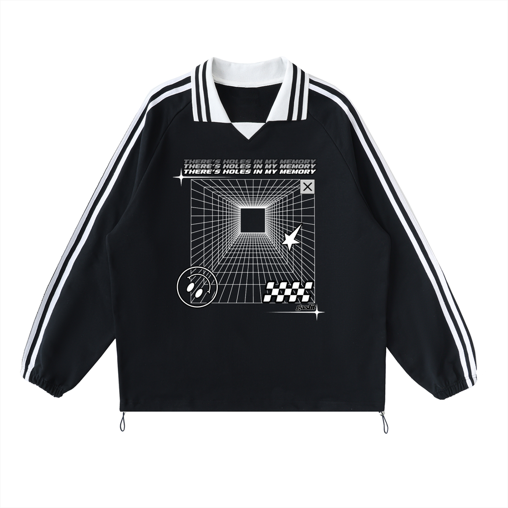 'HOLES IN MY MEMORY 🙃' STRIPED LAPEL COLLAR SWEATSHIRT (masc sizing)