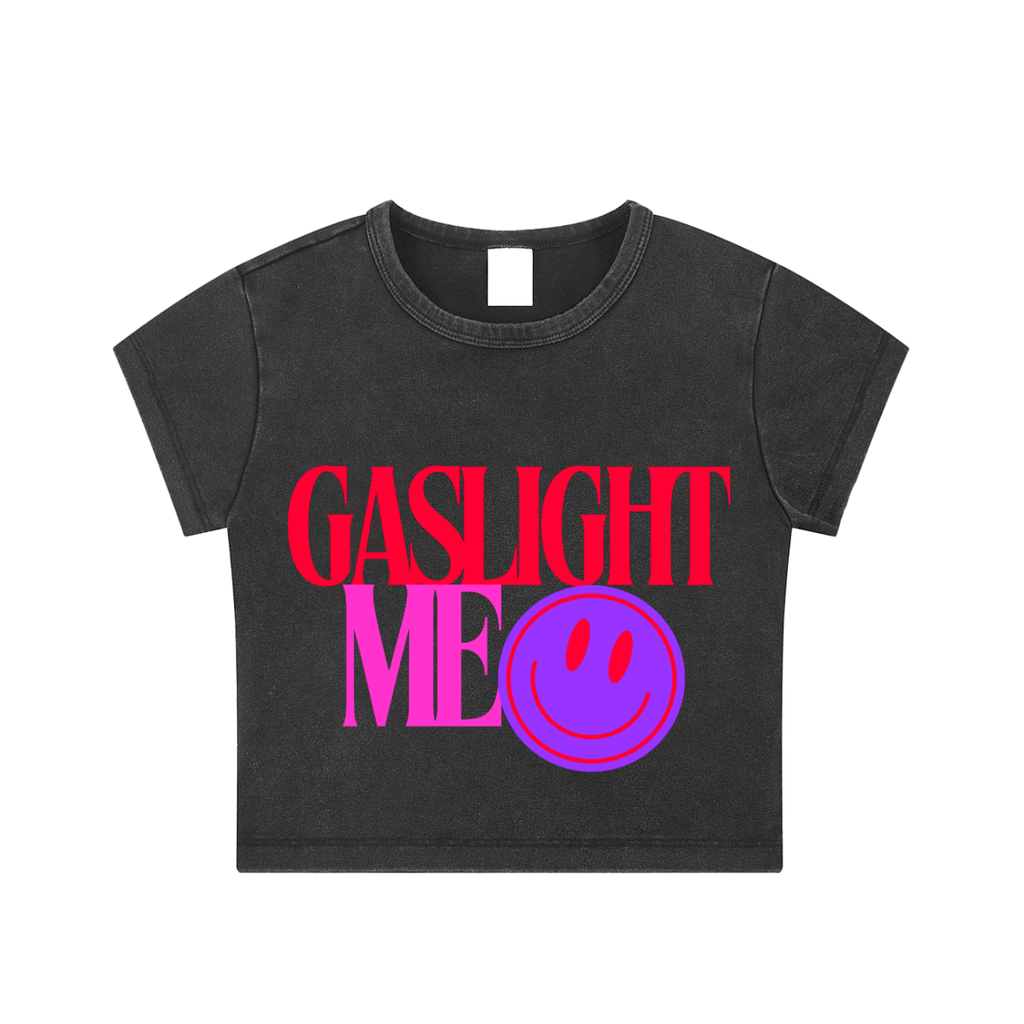 'GASLIGHT ME😊' BLACK ACID WASH BABY CROP TEE (fem sizing)