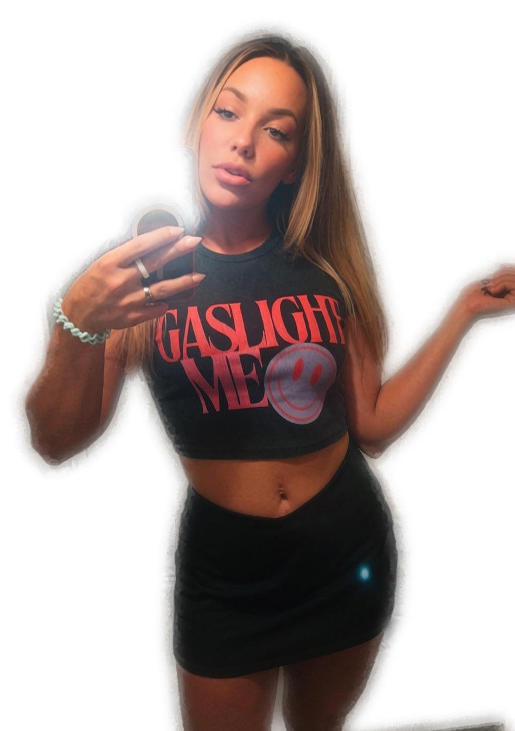 'GASLIGHT ME😊' BLACK ACID WASH BABY CROP TEE (fem sizing)