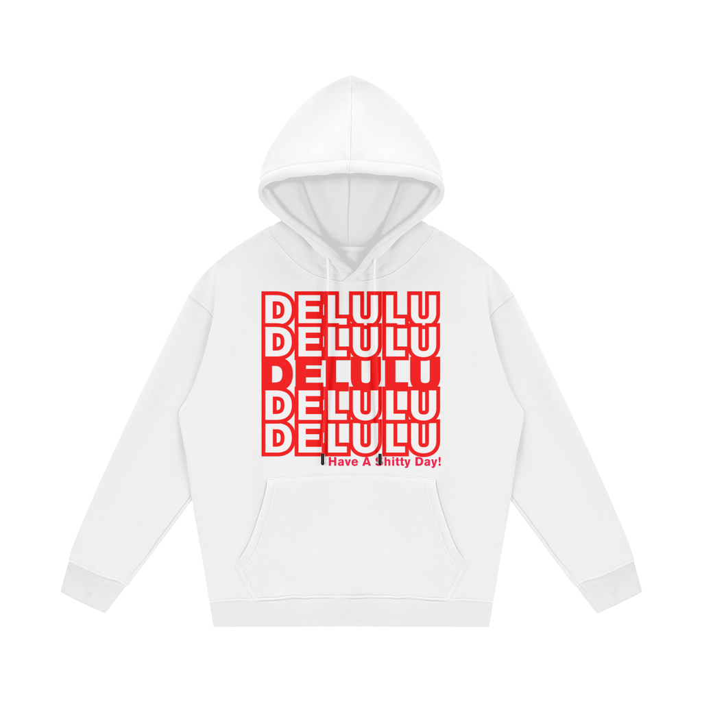 'DELULU' WHITE FLEECE HOODIE (masc sizing)