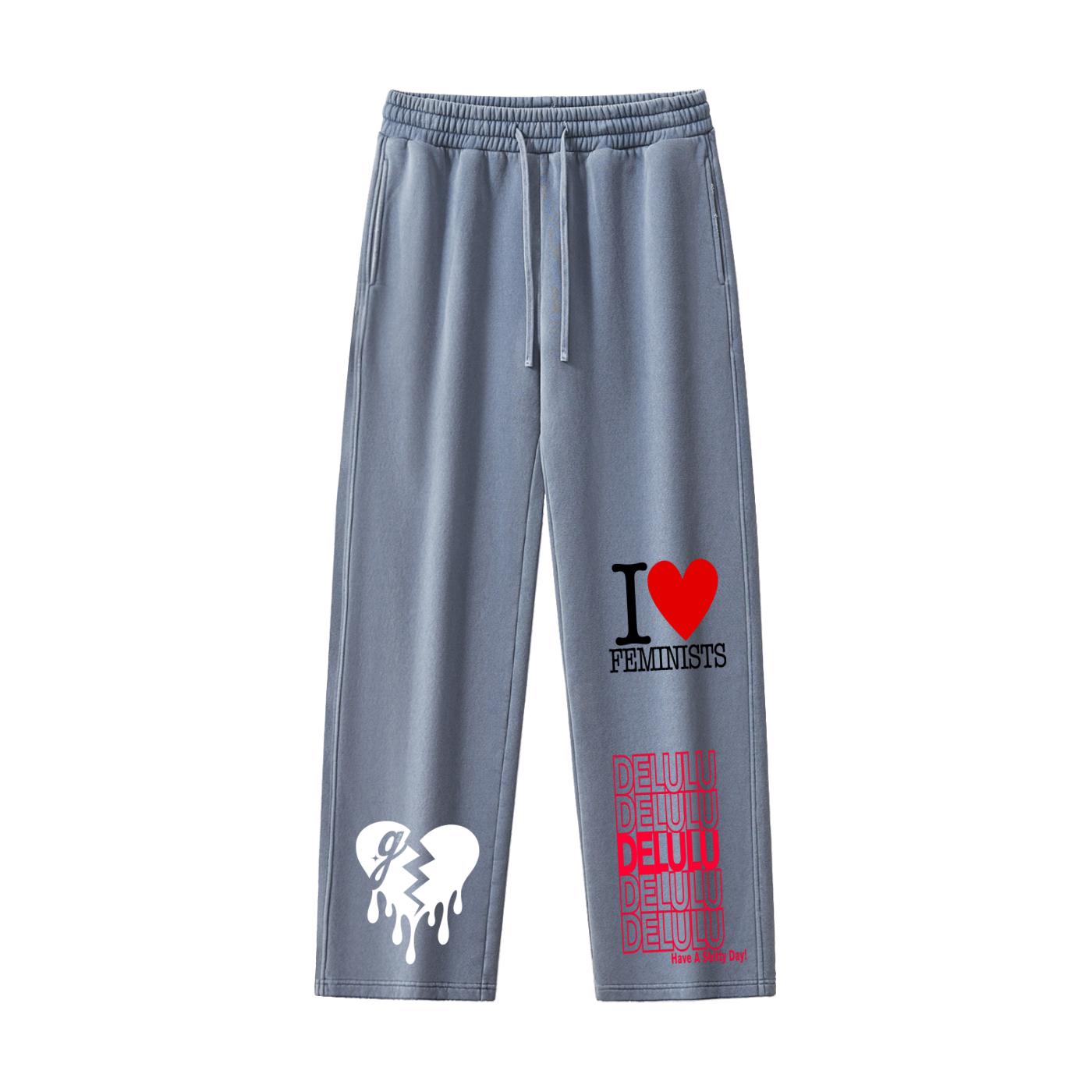 'DELULU // I♥️FEMINISTS' FRAYED SWEATPANTS (masc sizing)