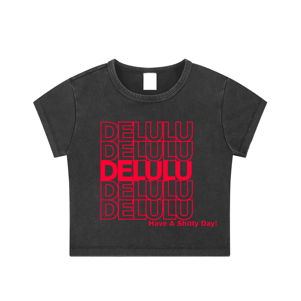 BLACK 'DELULU' BABY CROP TEE (fem sizing)