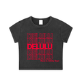 BLACK 'DELULU' BABY CROP TEE (fem sizing)