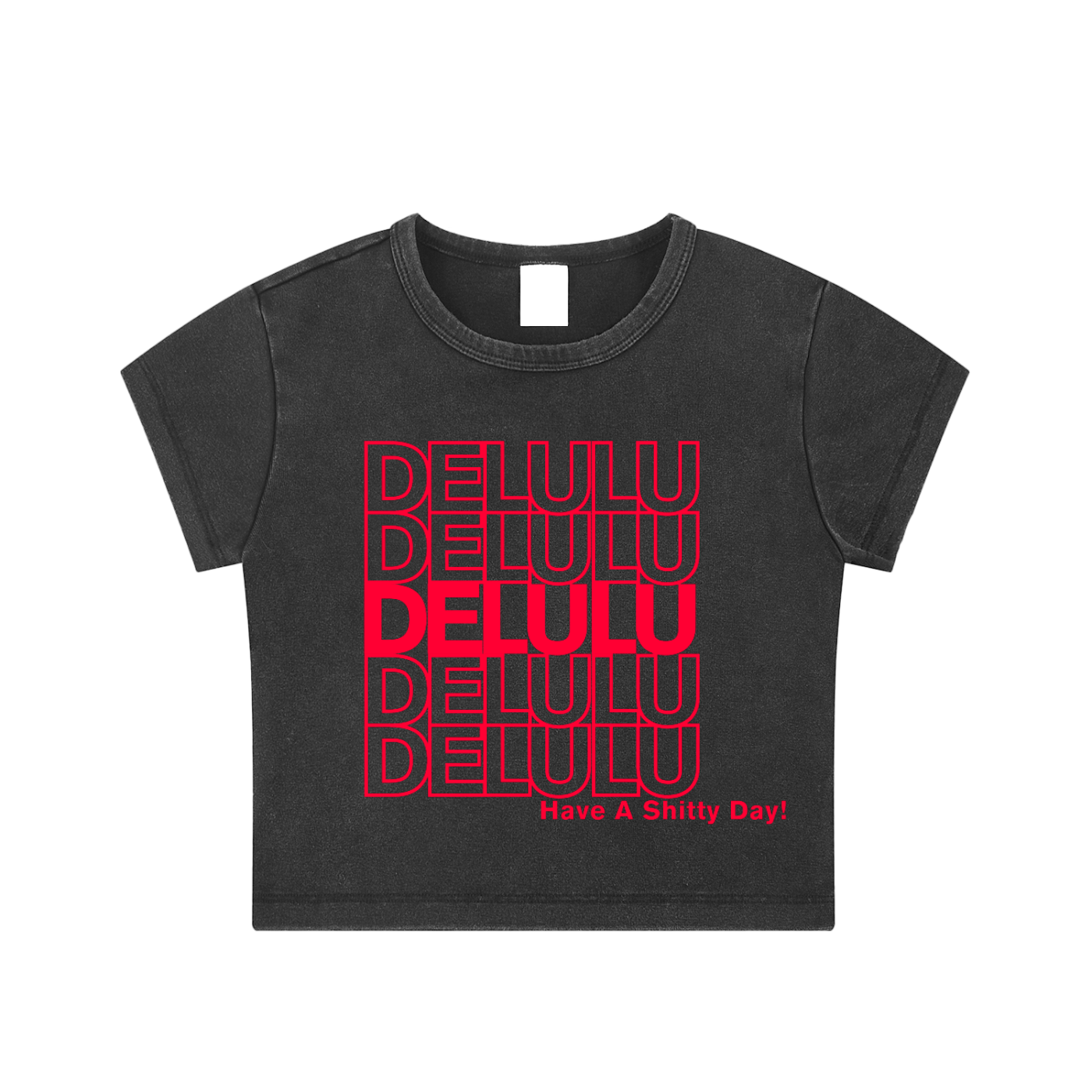 BLACK 'DELULU' BABY CROP TEE (fem sizing)