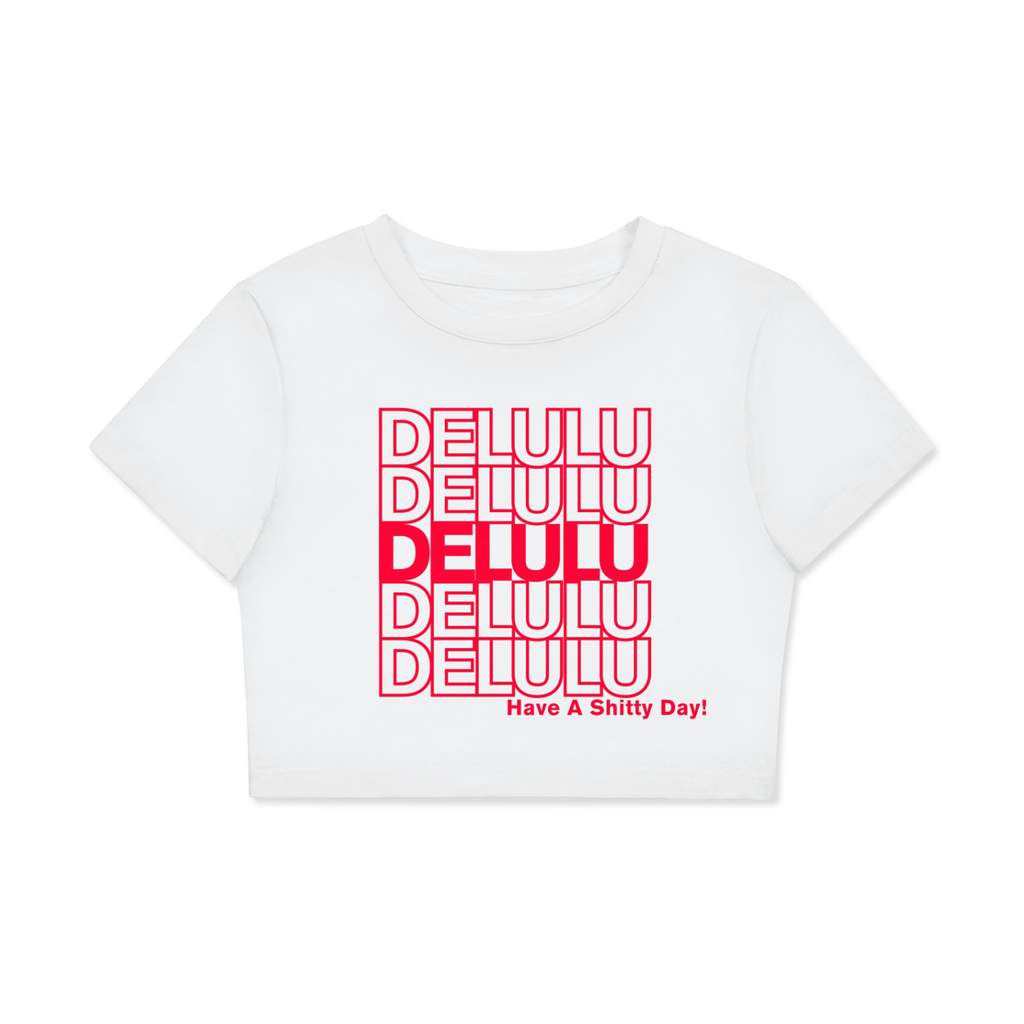 WHITE 'DELULU' BABY CROP TEE (fem sizing)