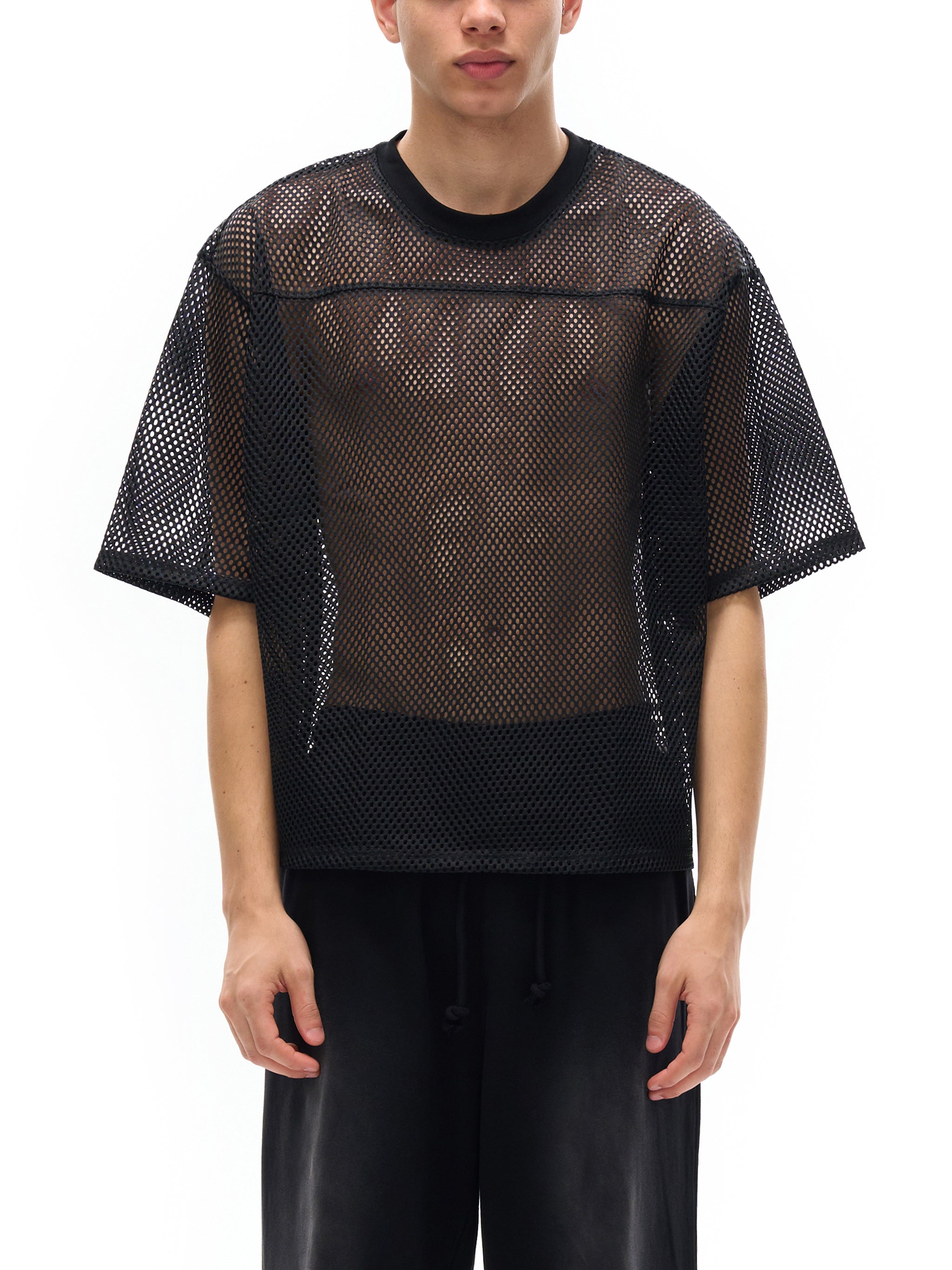 'GOD IS A WOMAN' SEE THRU BOXY NET TEE (masc sizing)