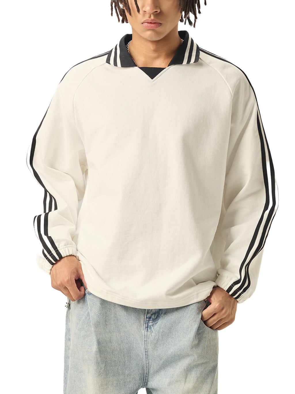 'ALL I SEE IS 🚩' STRIPED LAPEL COLLAR SWEATSHIRT (masc sizing)