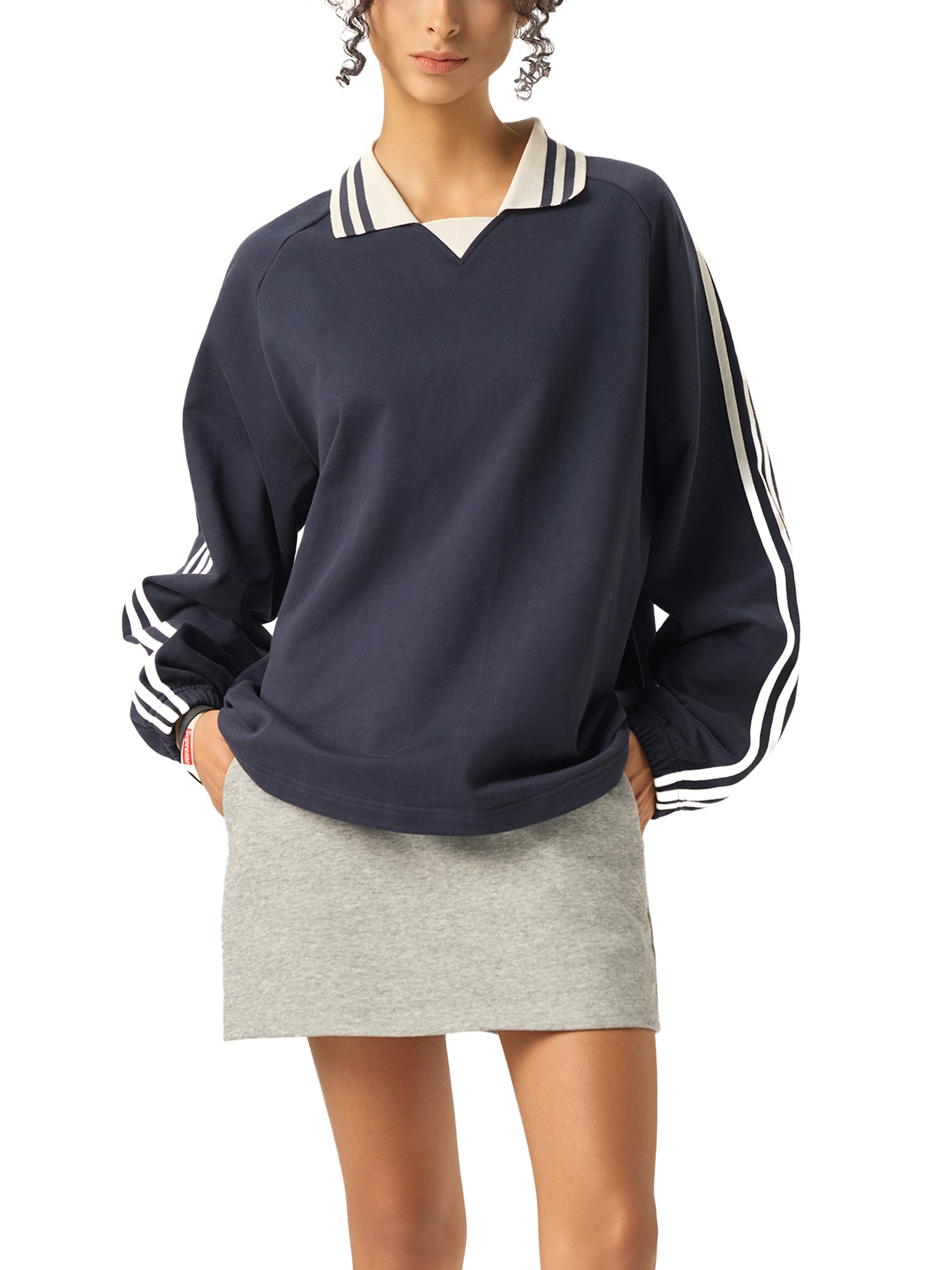 'ALL I SEE IS 🚩' STRIPED LAPEL COLLAR SWEATSHIRT