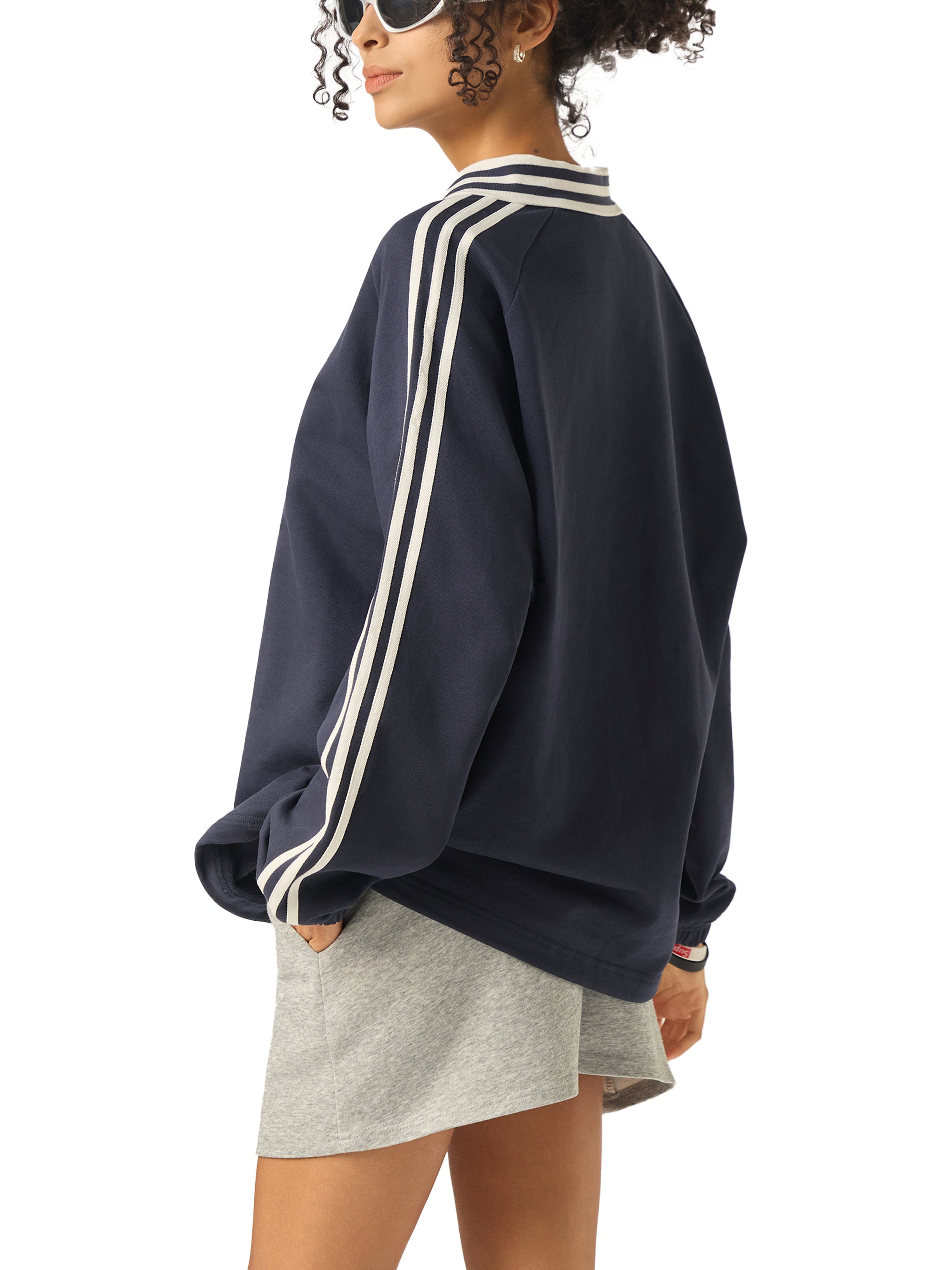 'ALL I SEE IS 🚩' STRIPED LAPEL COLLAR SWEATSHIRT